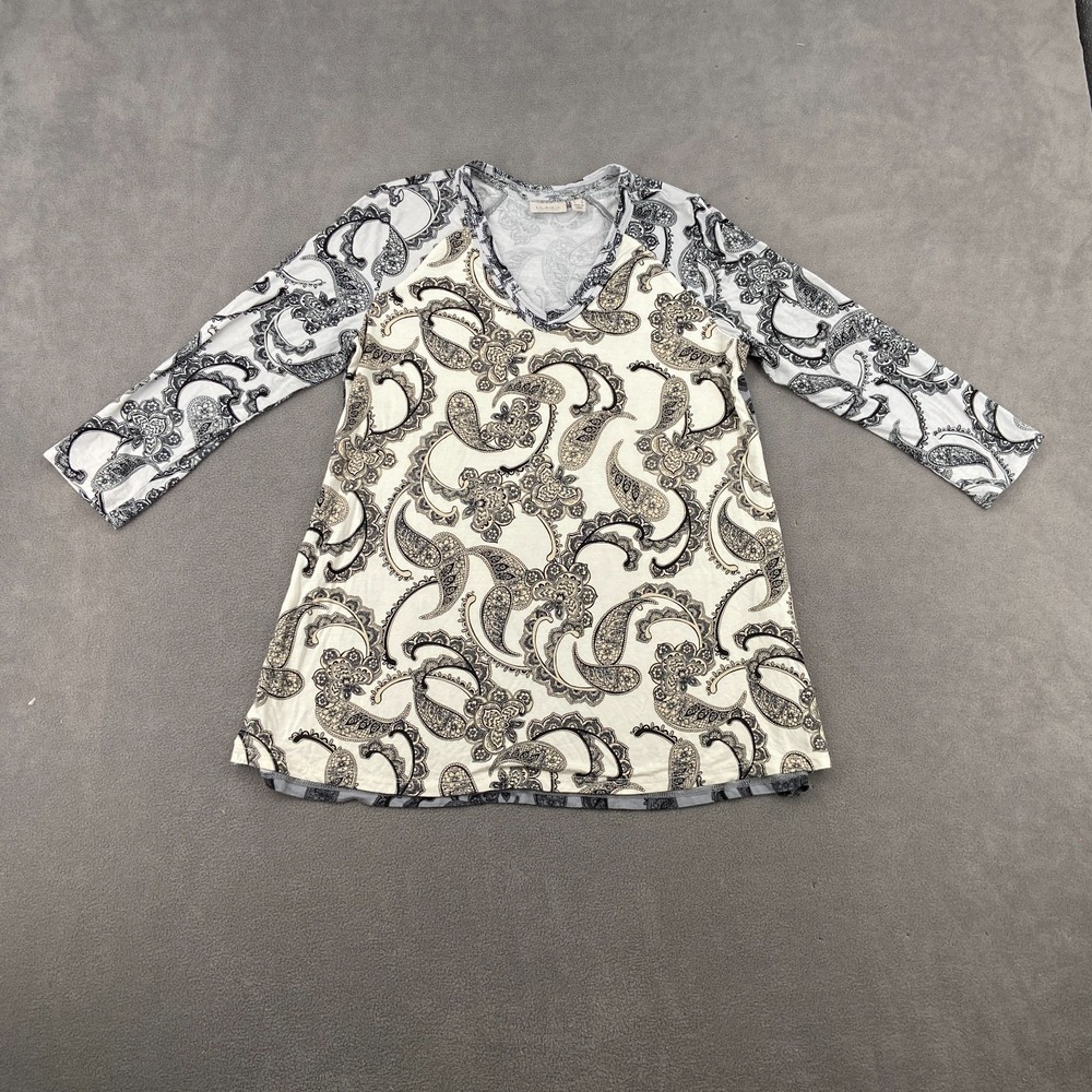 Logo By Lori Goldstein Top Womens Small White Paisley Stretch V Neck Modern